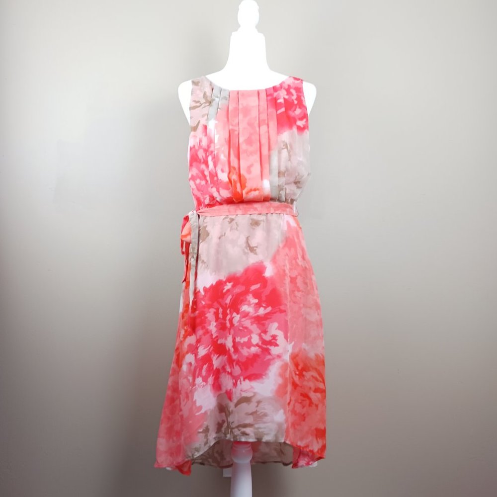 OLIVIA MATHEWS| Floral Print Pleated Front Sleeveless Hi Low Midi Dress